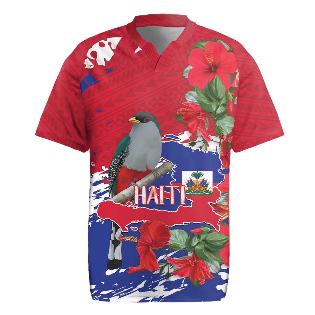 Afro Haiti Independence Day Rugby Jersey 1804 Proud Ayiti Map Hispaniolan Trogon LT14