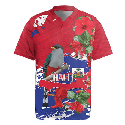 Afro Haiti Independence Day Rugby Jersey 1804 Proud Ayiti Map Hispaniolan Trogon LT14