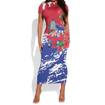Afro Haiti Independence Day Short Sleeve Bodycon Dress 1804 Proud Ayiti Map Hispaniolan Trogon - African Pride