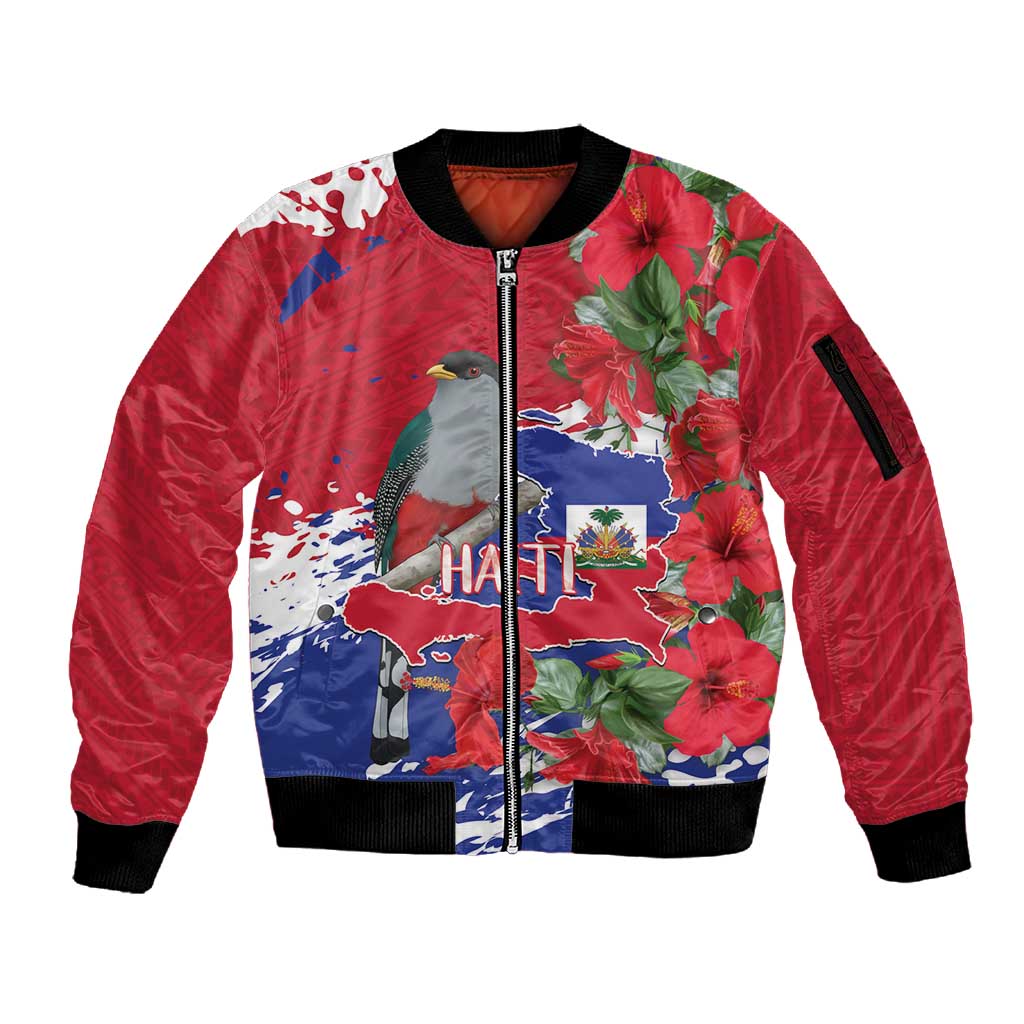 Afro Haiti Independence Day Sleeve Zip Bomber Jacket 1804 Proud Ayiti Map Hispaniolan Trogon - African Pride