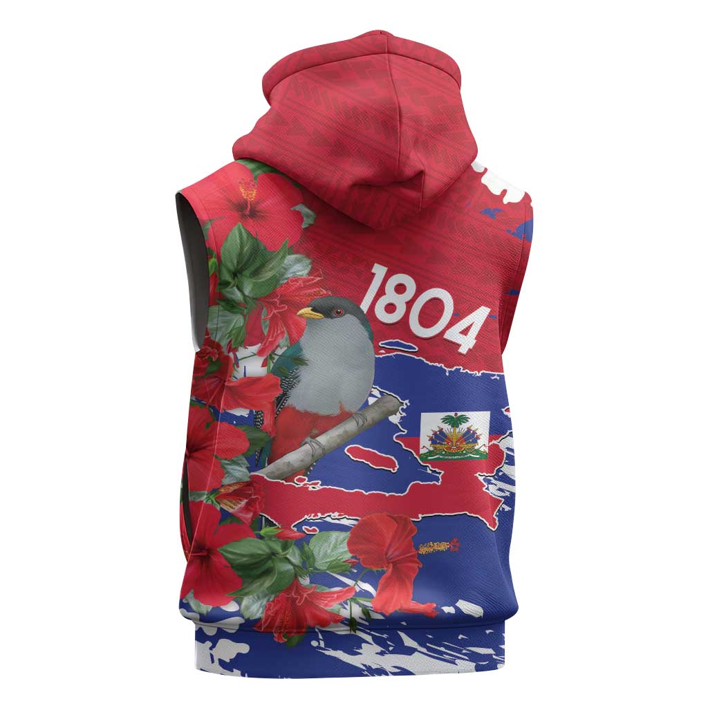 Afro Haiti Independence Day Sleeveless Hoodie 1804 Proud Ayiti Map Hispaniolan Trogon - African Pride