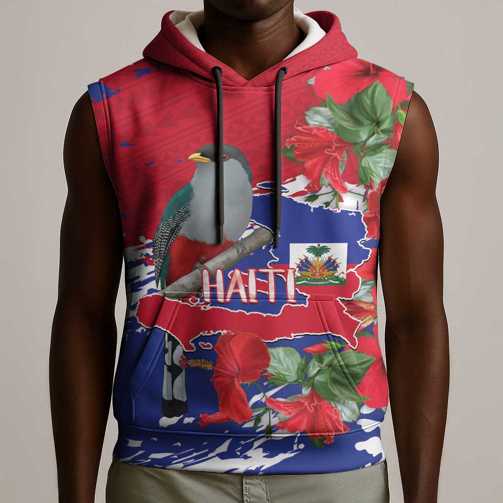 Afro Haiti Independence Day Sleeveless Hoodie 1804 Proud Ayiti Map Hispaniolan Trogon - African Pride