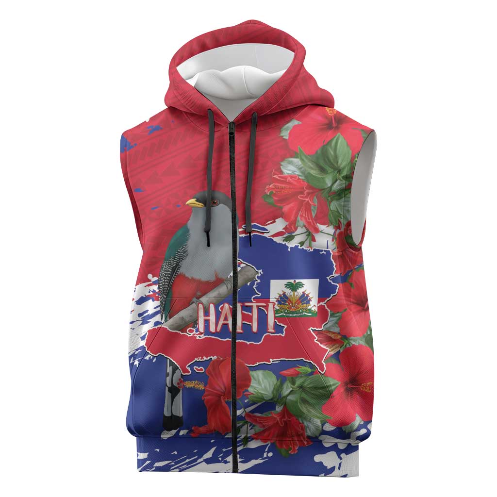 Afro Haiti Independence Day Sleeveless Zip Hoodie 1804 Proud Ayiti Map Hispaniolan Trogon - African Pride