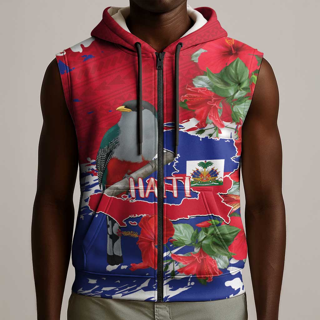 Afro Haiti Independence Day Sleeveless Zip Hoodie 1804 Proud Ayiti Map Hispaniolan Trogon - African Pride