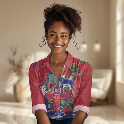 Afro Haiti Independence Day Women Casual Shirt 1804 Proud Ayiti Map Hispaniolan Trogon - African Pride