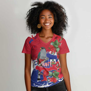 Afro Haiti Independence Day Women V-Neck T-Shirt 1804 Proud Ayiti Map Hispaniolan Trogon - African Pride