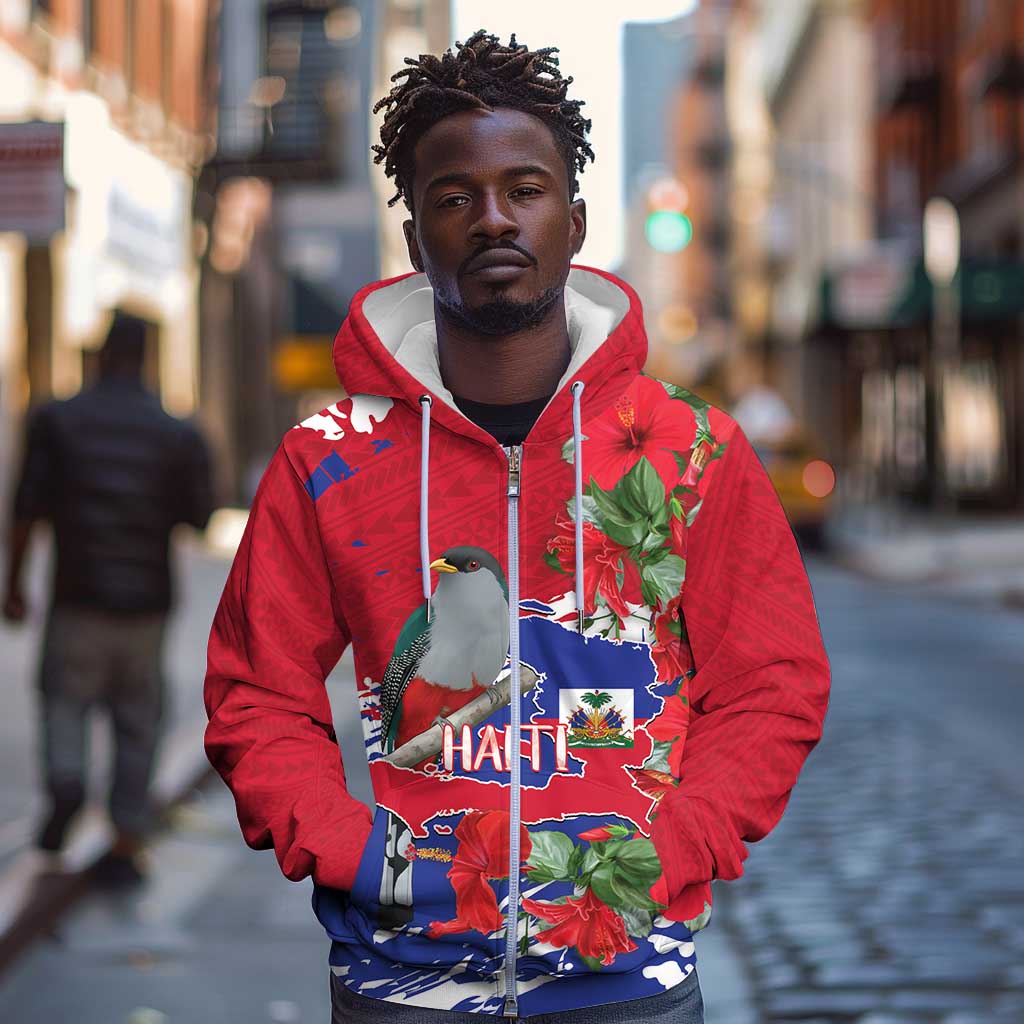 Afro Haiti Independence Day Zip Hoodie 1804 Proud Ayiti Map Hispaniolan Trogon - African Pride