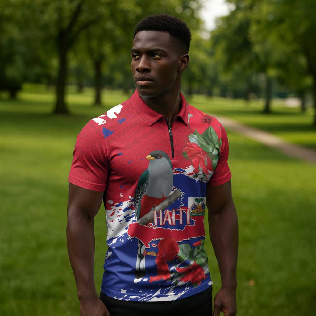 Haiti Independence Day Zipper Polo Shirt 1804 Proud Ayiti Map Hispaniolan Trogon