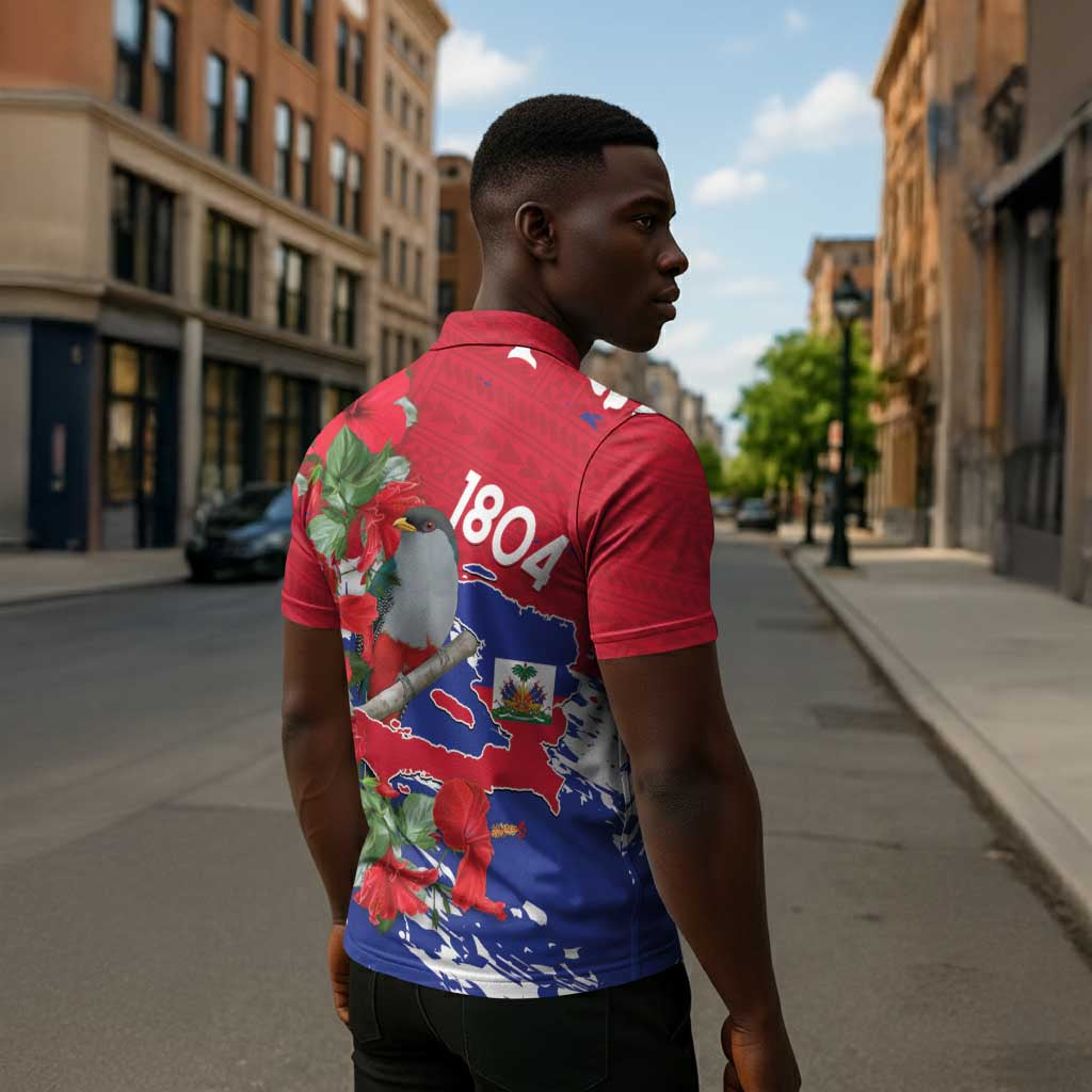 Haiti Independence Day Zipper Polo Shirt 1804 Proud Ayiti Map Hispaniolan Trogon