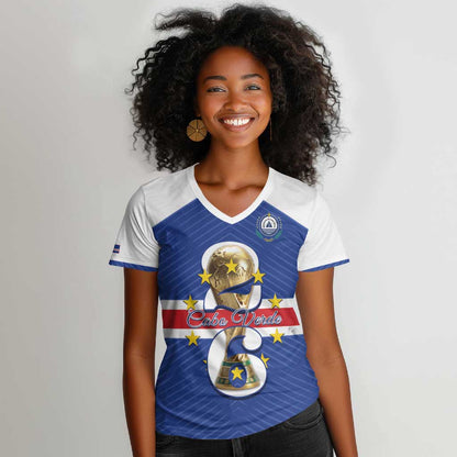 Personalized Afro Cape Verde Football Women V-Neck T-Shirt 2026 Tubaroes Azuis First-ever World Cup - African Pride