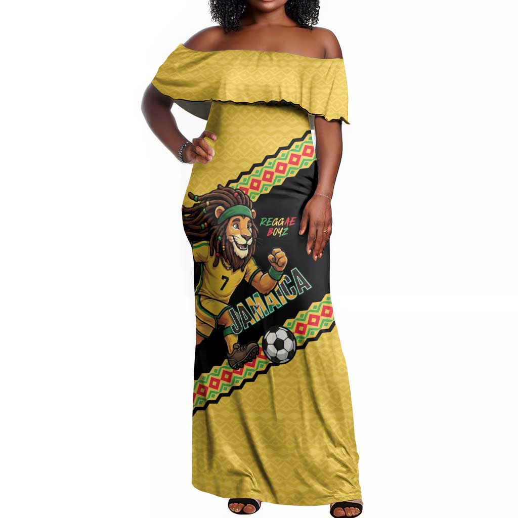 Jamaica 2026 Football Custom Off Shoulder Maxi Dress Go Reggae Boyz Rasta Lion Sporty