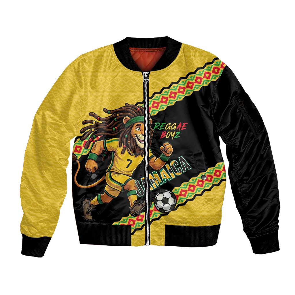 Jamaica 2026 Football Custom Sleeve Zip Bomber Jacket Go Reggae Boyz Rasta Lion Sporty