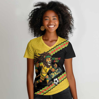 Jamaica 2026 Football Custom Women V-Neck T-Shirt Go Reggae Boyz Rasta Lion Sporty