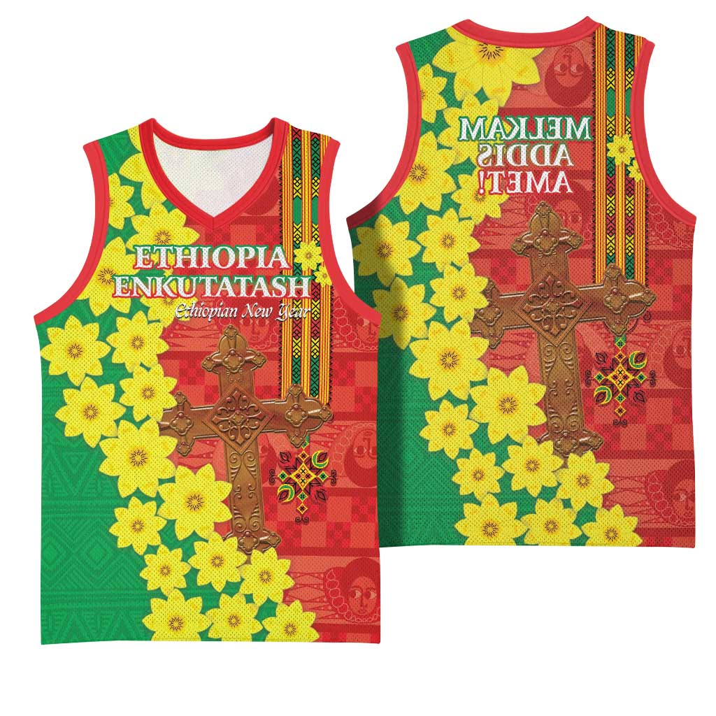 Enkutatash Ethiopia Basketball Jersey Melkam Addis Amet Adey Abeba Flower - African Pride