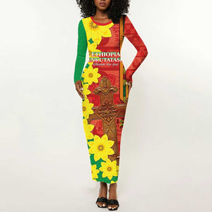 Enkutatash Ethiopia Long Sleeve Bodycon Dress Melkam Addis Amet Adey Abeba Flower LT14
