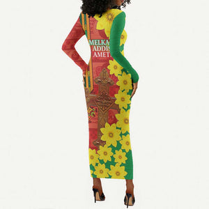 Enkutatash Ethiopia Long Sleeve Bodycon Dress Melkam Addis Amet Adey Abeba Flower LT14