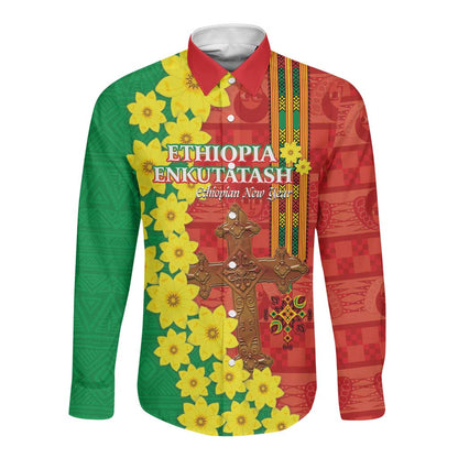 Enkutatash Ethiopia Long Sleeve Button Shirt Melkam Addis Amet Adey Abeba Flower