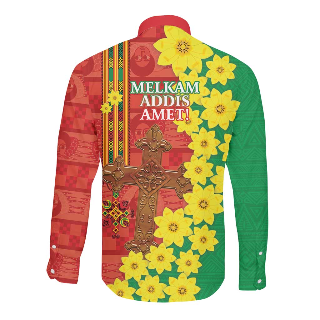Enkutatash Ethiopia Long Sleeve Button Shirt Melkam Addis Amet Adey Abeba Flower