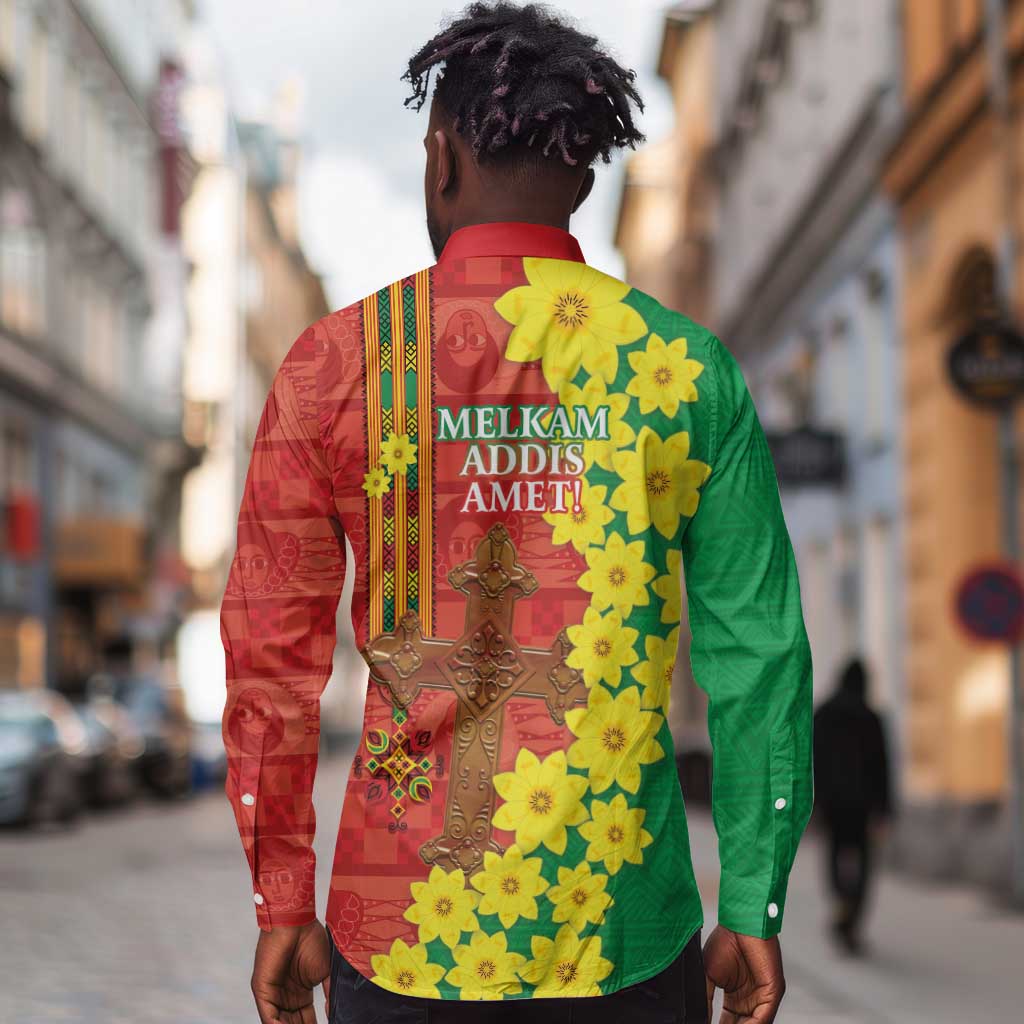 Enkutatash Ethiopia Long Sleeve Button Shirt Melkam Addis Amet Adey Abeba Flower