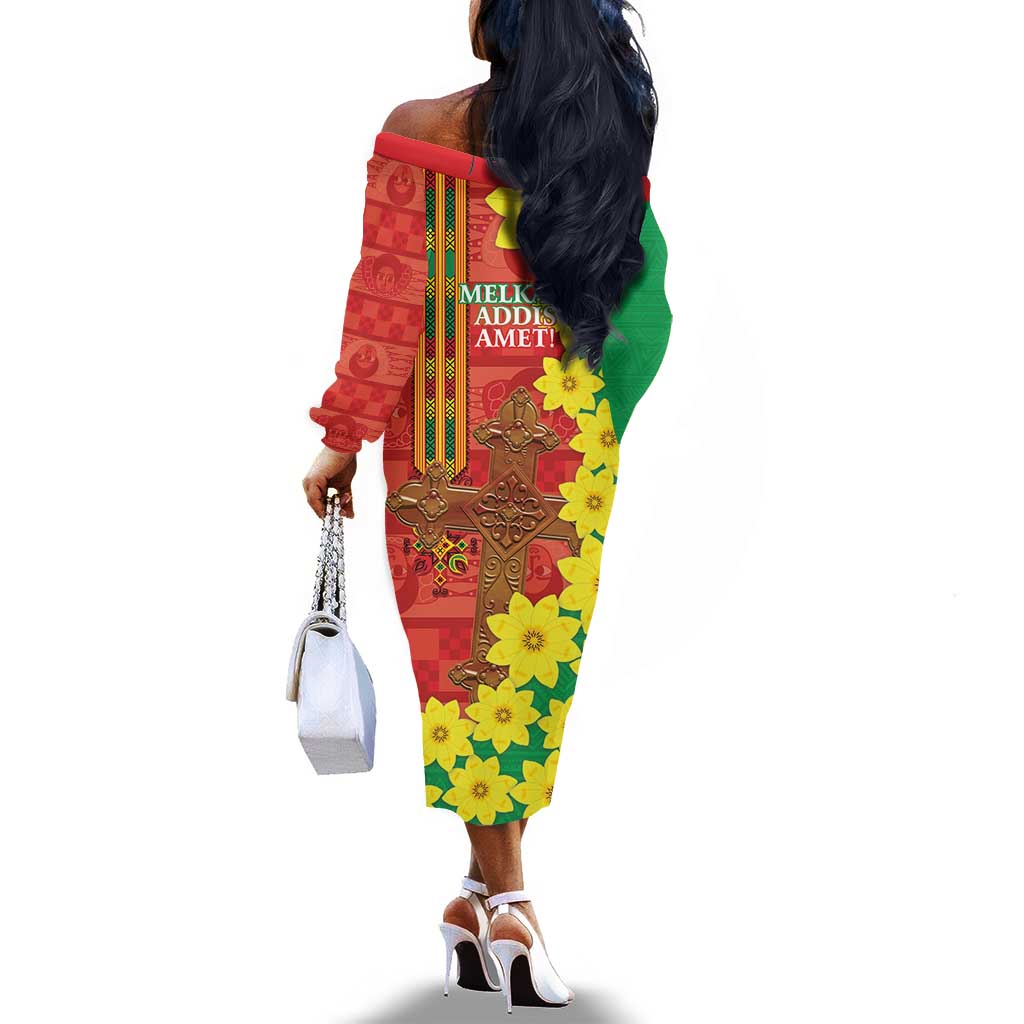 Enkutatash Ethiopia Off The Shoulder Long Sleeve Dress Melkam Addis Amet Adey Abeba Flower