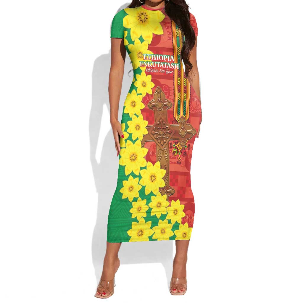Enkutatash Ethiopia Short Sleeve Bodycon Dress Melkam Addis Amet Adey Abeba Flower LT14
