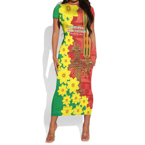 Enkutatash Ethiopia Short Sleeve Bodycon Dress Melkam Addis Amet Adey Abeba Flower LT14