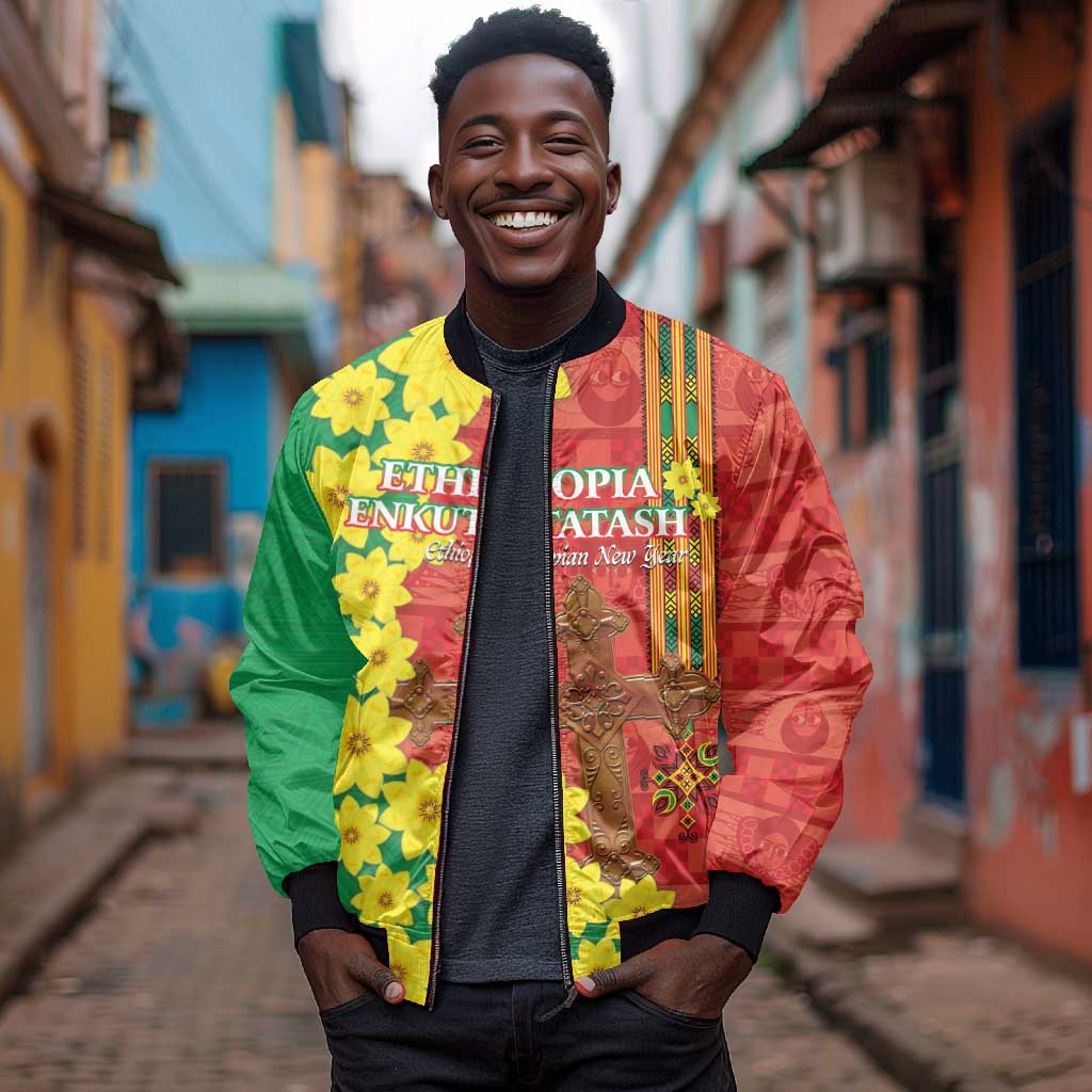 Enkutatash Ethiopia Sleeve Zip Bomber Jacket Melkam Addis Amet Adey Abeba Flower