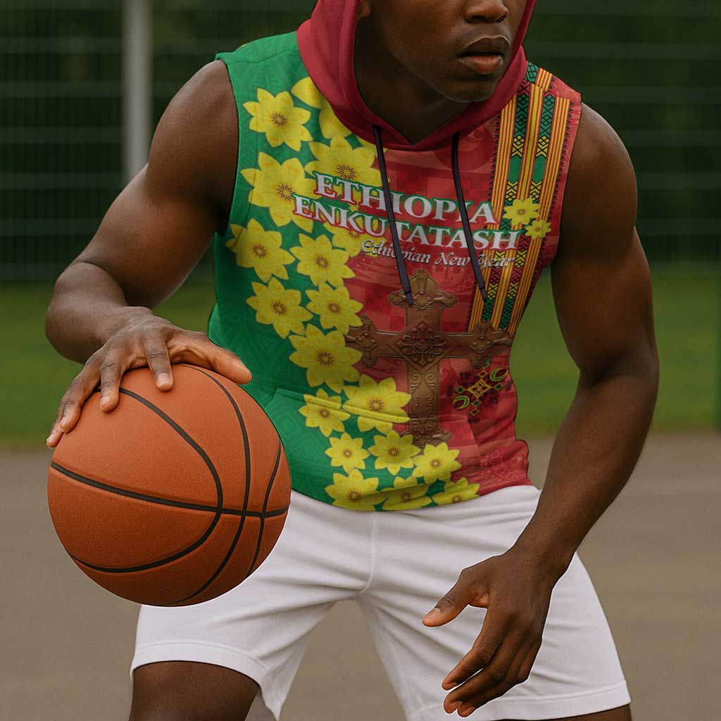 Enkutatash Ethiopia Sleeveless Hoodie Melkam Addis Amet Adey Abeba Flower - African Pride