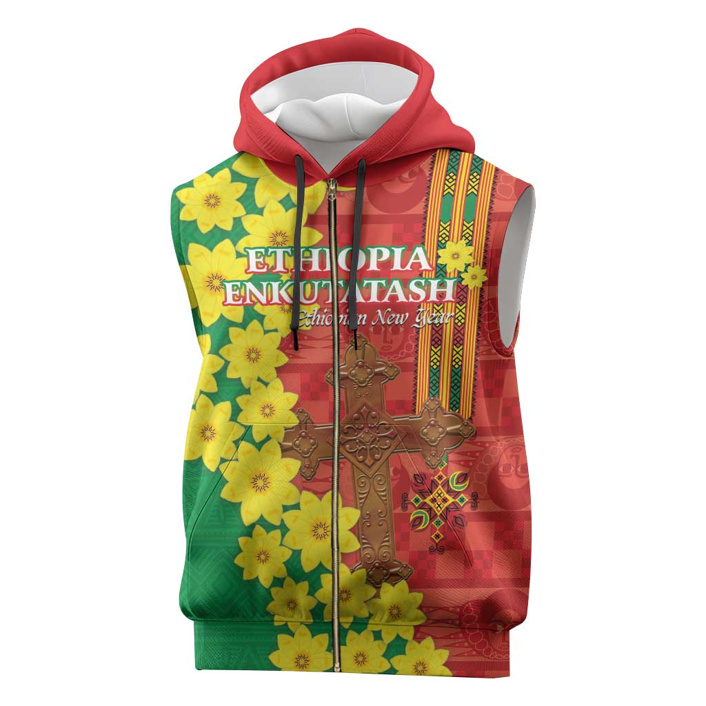 Enkutatash Ethiopia Sleeveless Zip Hoodie Melkam Addis Amet Adey Abeba Flower - African Pride