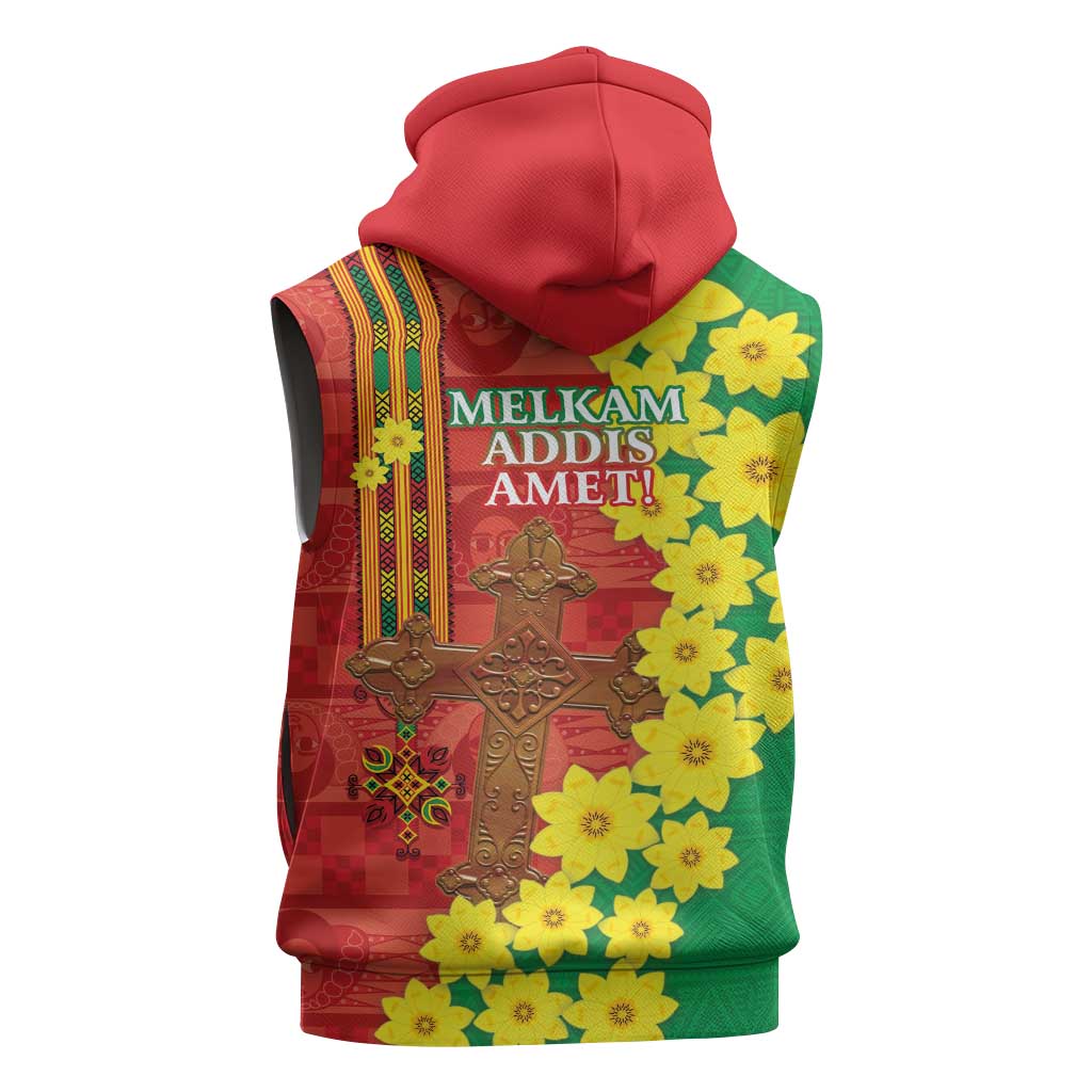 Enkutatash Ethiopia Sleeveless Zip Hoodie Melkam Addis Amet Adey Abeba Flower - African Pride