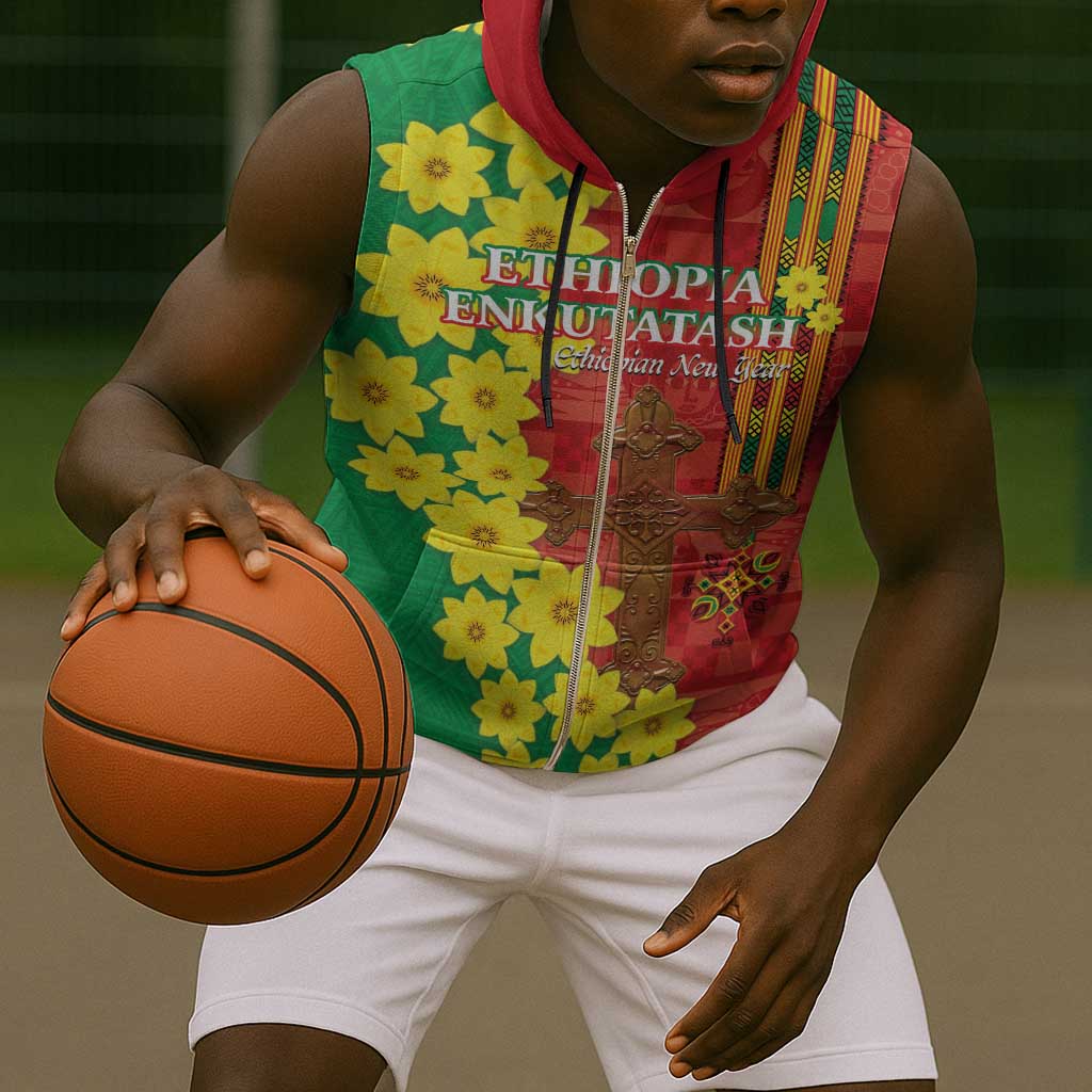 Enkutatash Ethiopia Sleeveless Zip Hoodie Melkam Addis Amet Adey Abeba Flower - African Pride