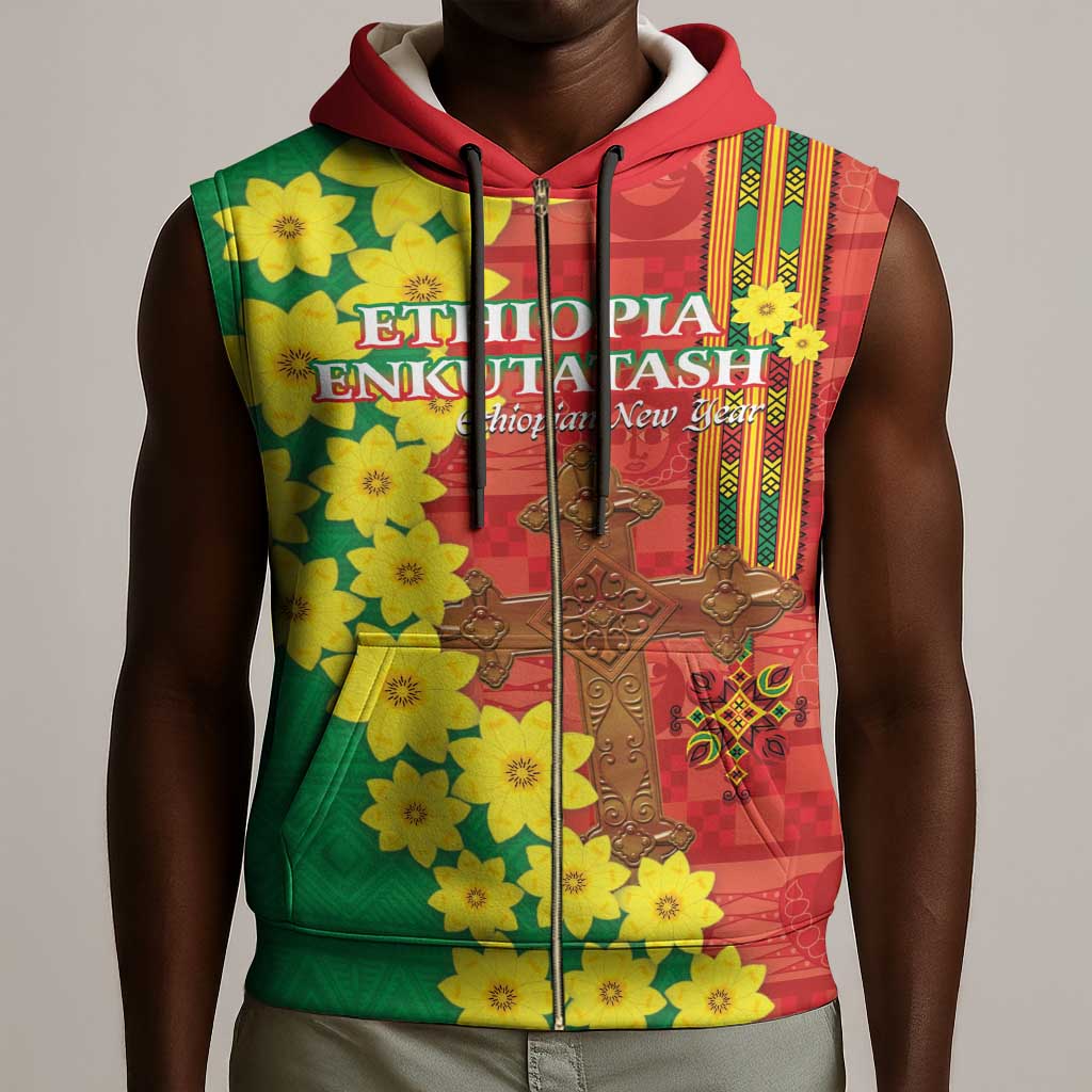 Enkutatash Ethiopia Sleeveless Zip Hoodie Melkam Addis Amet Adey Abeba Flower - African Pride