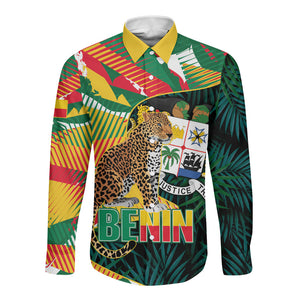 Personalized Benin Independence Day Long Sleeve Button Shirt Coat Of Arms Leopard Oil Palm Leaves