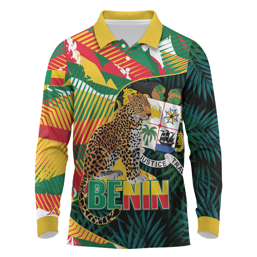 Personalized Benin Independence Day Long Sleeve Polo Shirt Coat Of Arms Leopard Oil Palm Leaves