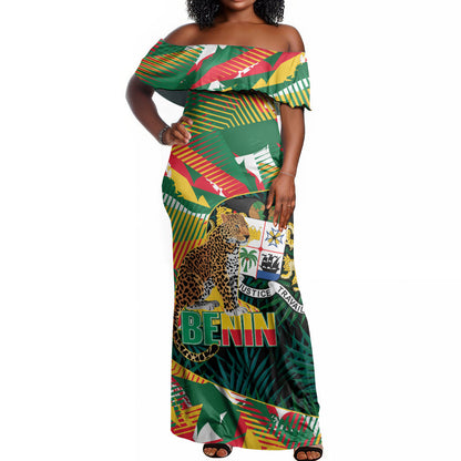 Personalized Benin Independence Day Off Shoulder Maxi Dress Coat Of Arms Leopard Oil Palm Leaves