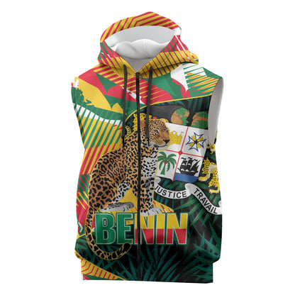 Personalized Benin Independence Day Sleeveless Zip Hoodie Coat Of Arms Leopard Oil Palm Leaves