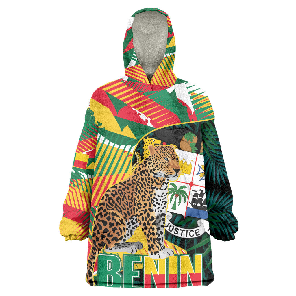 Personalized Benin Independence Day Wearable Blanket Hoodie Coat Of Arms Leopard Oil Palm Leaves