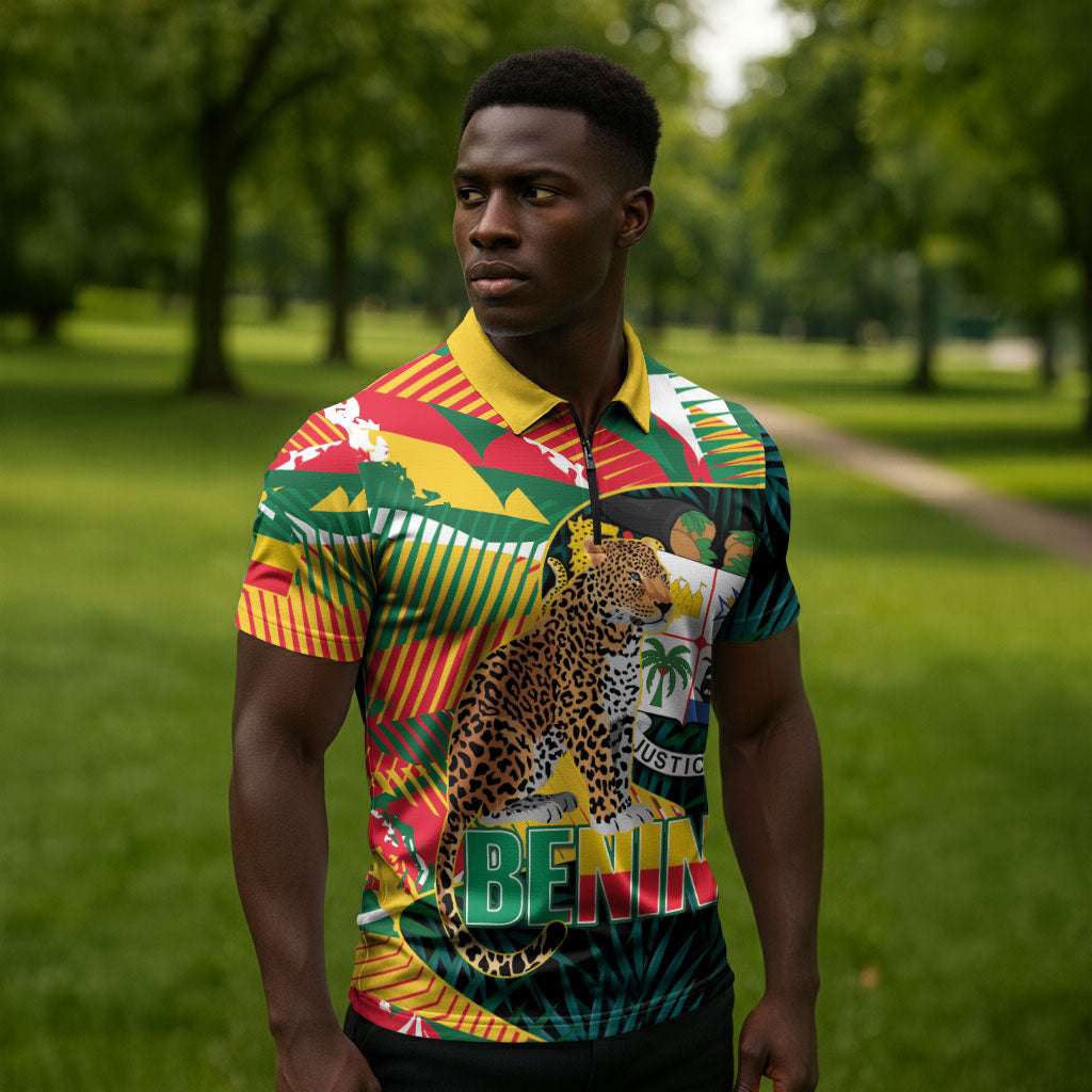 Personalized Benin Independence Day Zipper Polo Shirt Coat Of Arms Leopard Oil Palm Leaves