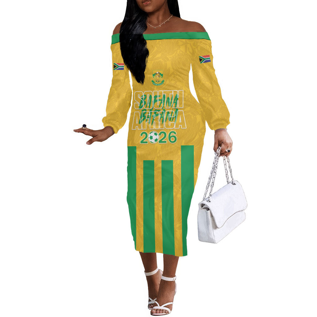South Africa Soccer 2026 Custom Off The Shoulder Long Sleeve Dress Bafana Bafana Kaofela Protea Yellow