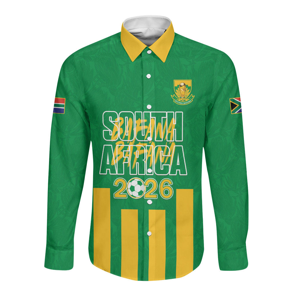 South Africa Soccer 2026 Custom Long Sleeve Button Shirt Bafana Bafana Kaofela Protea Green