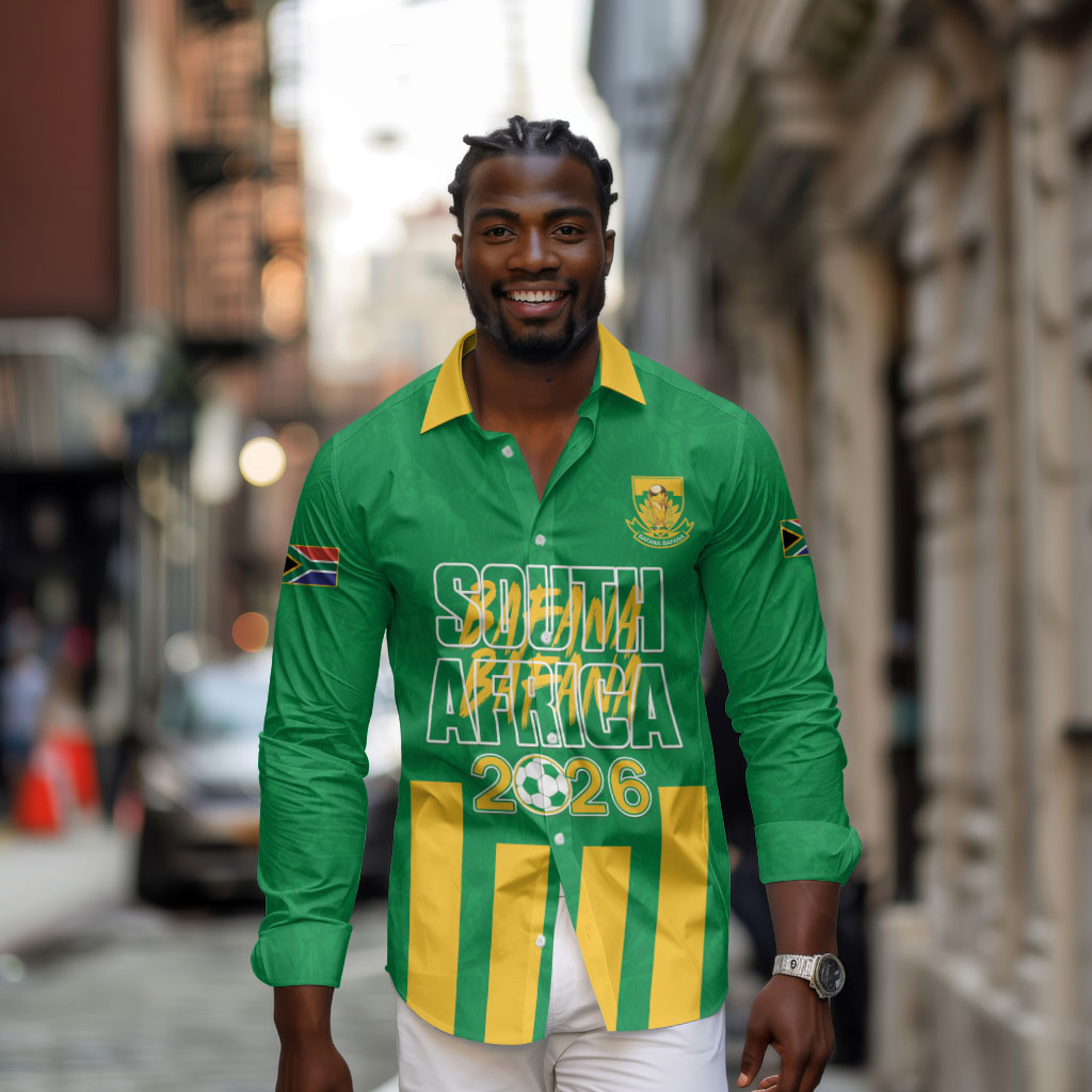 South Africa Soccer 2026 Custom Long Sleeve Button Shirt Bafana Bafana Kaofela Protea Green