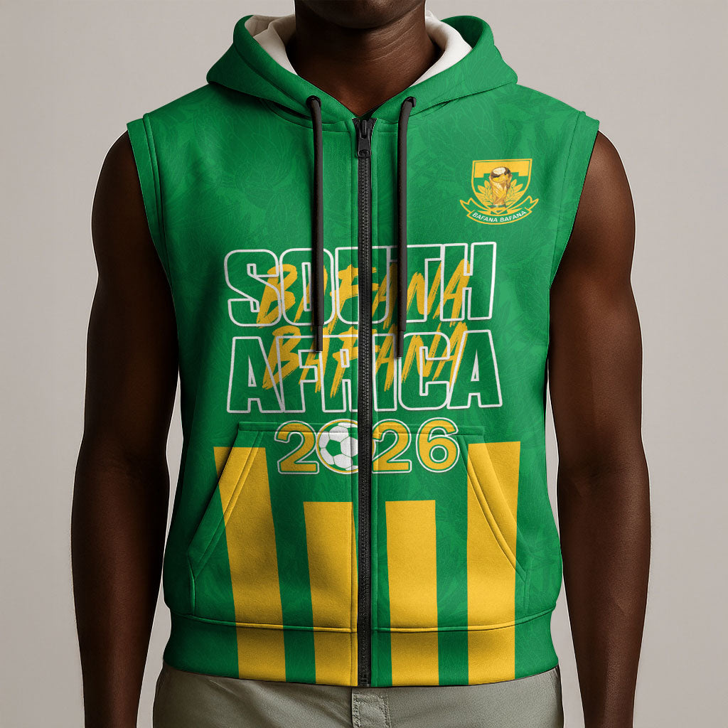 South Africa Soccer 2026 Custom Sleeveless Zip Hoodie Bafana Bafana Kaofela Protea Green