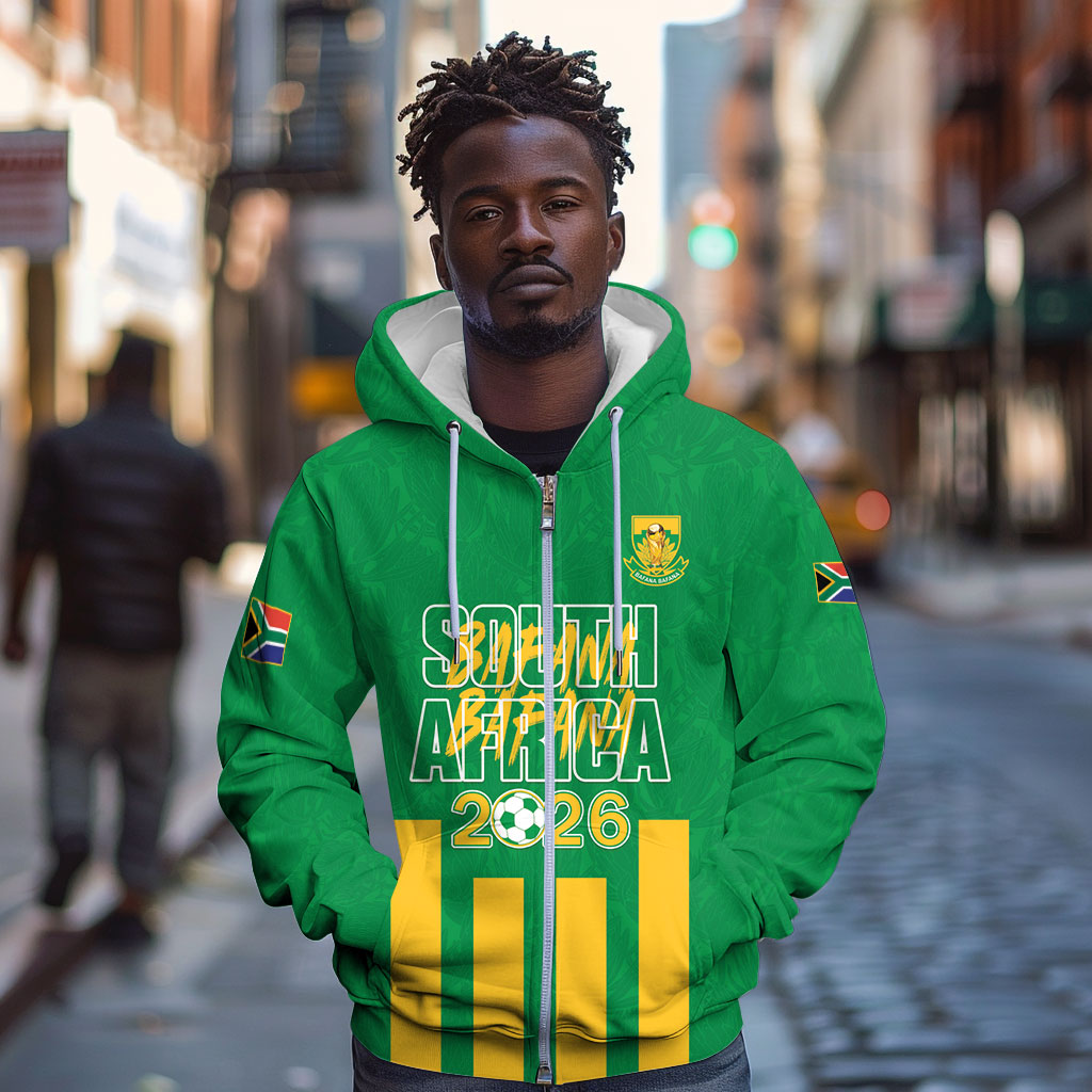 South Africa Soccer 2026 Custom Zip Hoodie Bafana Bafana Kaofela Protea Green
