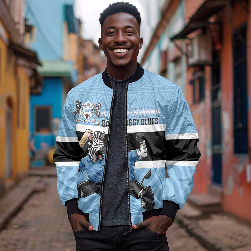 Afro Cricket Botswana Custom Bomber Jacket Go Baggy Blues Zebra Mascot - African Pride