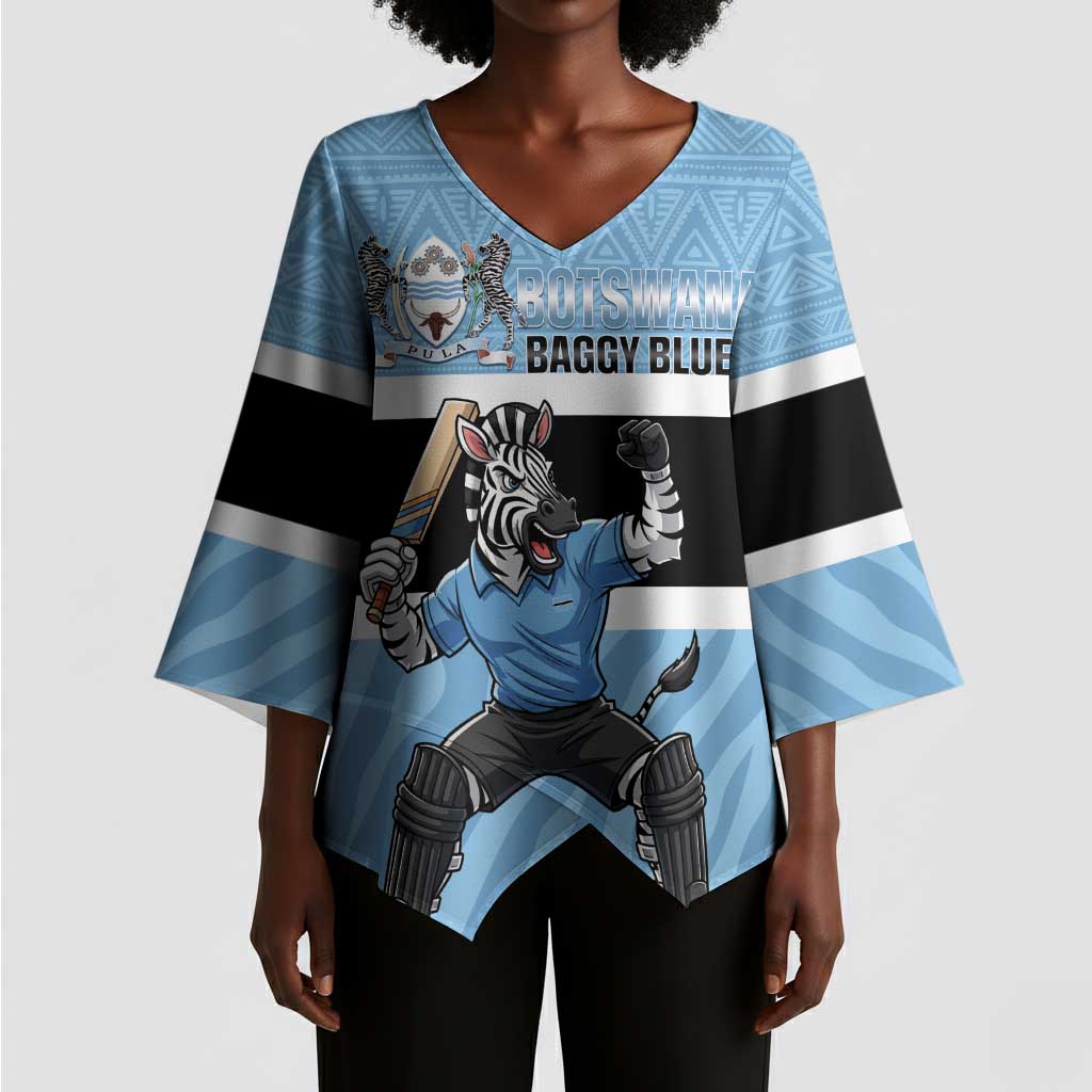 Custom Botswana Cricket Kimono Sleeve Blouse Go Baggy Blues Zebra Mascot