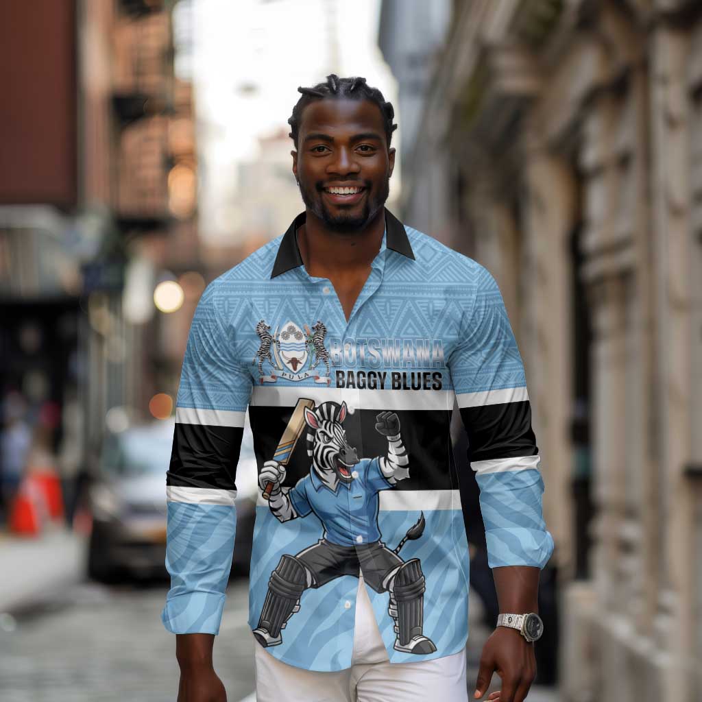Afro Cricket Botswana Custom Long Sleeve Button Shirt Go Baggy Blues Zebra Mascot - African Pride