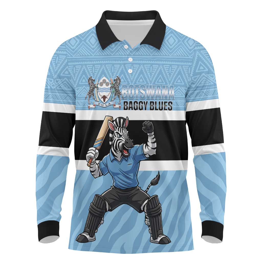 Afro Cricket Botswana Custom Long Sleeve Polo Shirt Go Baggy Blues Zebra Mascot - African Pride