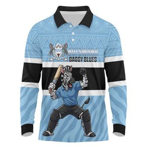 Afro Cricket Botswana Custom Long Sleeve Polo Shirt Go Baggy Blues Zebra Mascot - African Pride