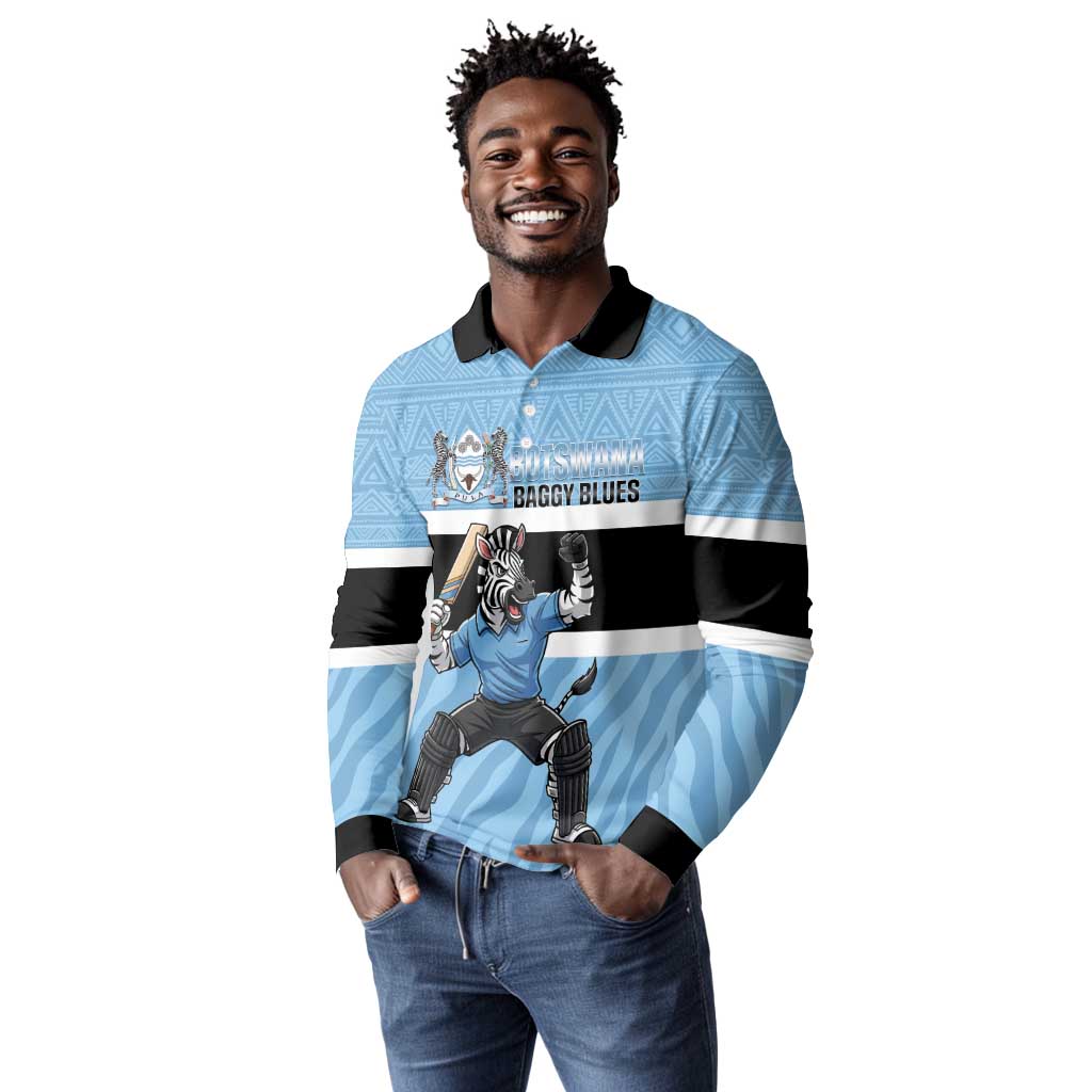 Afro Cricket Botswana Custom Long Sleeve Polo Shirt Go Baggy Blues Zebra Mascot - African Pride
