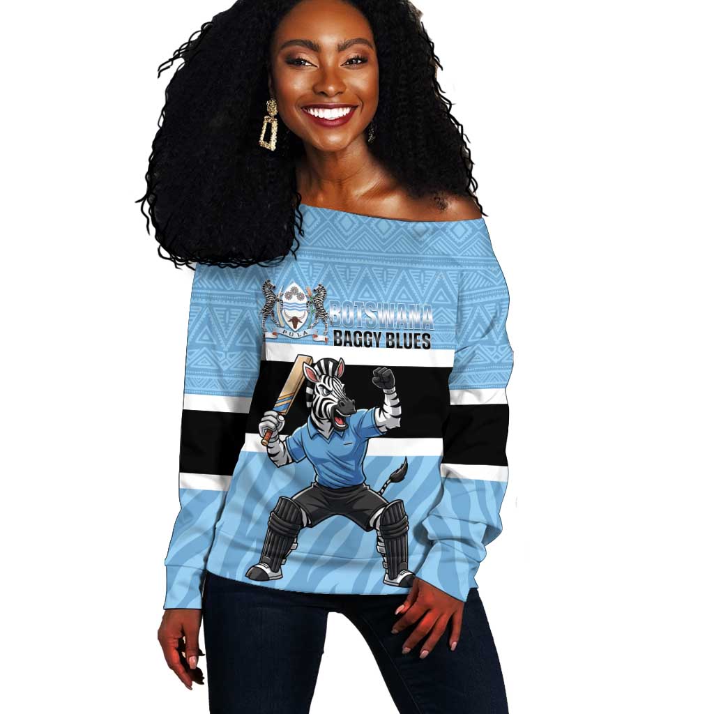 Afro Cricket Botswana Custom Off Shoulder Sweater Go Baggy Blues Zebra Mascot - African Pride